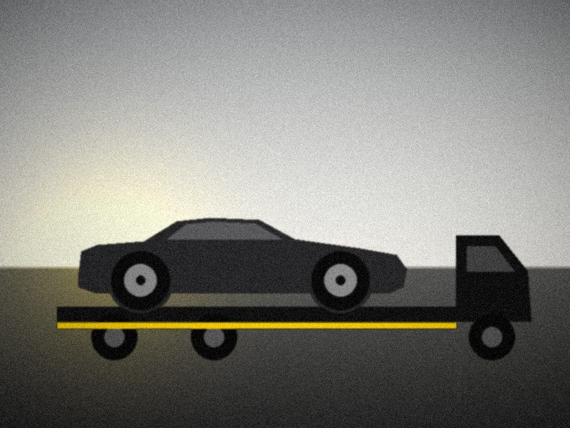 Camion plateau transportant une voiture coupé sur une route dégagée